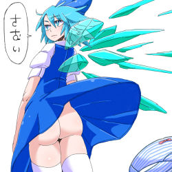 Rule 34 | 1girl, aono3, ass, blue dress, blue eyes, blue hair, blue ribbon, bow, cirno, clothes lift, cowboy shot, dress, dress lift, expressionless, eyebrows, from behind, hair bow, ice, ice wings, looking away, matching hair/eyes, no panties, panties, puffy short sleeves, puffy sleeves, ribbon, short hair, short sleeves, simple background, solo, standing, striped clothes, striped panties, thighhighs, touhou, underwear, unworn panties, white background, white thighhighs, wings
