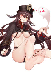 Rule 34 | 1girl, absurdres, bad id, bad pixiv id, barefoot, black nail polish, breasts, brown hair, feet, foot focus, foreshortening, genshin impact, hat, highres, hu tao (genshin impact), icons (1452697582), large breasts, long hair, looking at viewer, nail polish, red eyes, simple background, soles, solo, star-shaped pupils, star (symbol), symbol-shaped pupils, toenail polish, toenails, toes, top hat, underboob, white background