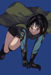 Rule 34 | 1girl, ahoge, amatori chika, aoi (yooo009), arm support, badge, black footwear, black gloves, black hair, black shorts, blue background, blue jacket, bob cut, boots, breasts, cape, feet out of frame, floating cape, floating clothes, gloves, green cape, highres, jacket, jumping, knee boots, long sleeves, looking at viewer, outstretched arms, purple eyes, short hair, shorts, simple background, smile, solo, uniform, world trigger
