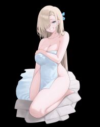 Rule 34 | 1girl, asuna (blue archive), black background, blue archive, blue eyes, blue ribbon, breasts, collarbone, covering privates, grin, hair over one eye, highres, kono (xerondan321), large breasts, long hair, looking at viewer, no halo, nude cover, ribbon, smile, solo, thighs, towel, white towel