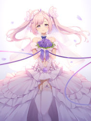 Rule 34 | 1girl, :3, absurdres, ahoge, azur lane, bare shoulders, blue ribbon, blush, bouquet, breasts, bride, butterfly hair ornament, chinese commentary, choker, closed mouth, commentary request, cowboy shot, dress, floating hair, flower, garter straps, gloves, hair between eyes, hair ornament, head tilt, highres, holding, holding bouquet, kanon (sinto), long hair, looking at viewer, navel, pink hair, purple eyes, ribbon, ribbon choker, saratoga (azur lane), sidelocks, simple background, skindentation, small breasts, smile, solo, standing, strapless, strapless dress, thighhighs, tiara, twintails, wedding dress, white background, white dress, white gloves, white thighhighs