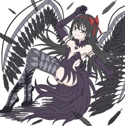 Rule 34 | 1girl, akemi homura, akuma homura, argyle, argyle clothes, argyle legwear, arm up, armpits, bags under eyes, black choker, black dress, black footwear, black gloves, black hair, black thighhighs, bow, breasts, choker, commentary request, dark orb (madoka magica), dress, egasumi, elbow gloves, feathered wings, feathers, flat color, gloves, hair between eyes, hair bow, highres, jitome, long hair, looking past viewer, mahou shoujo madoka magica, mahou shoujo madoka magica: hangyaku no monogatari, partial commentary, purple eyes, red bow, revealing clothes, shadow, shikimori5270, simple background, slippers, small breasts, smile, solo, soul gem, thigh strap, thighhighs, thighs, translucent, tsurime, very long hair, white background, wings