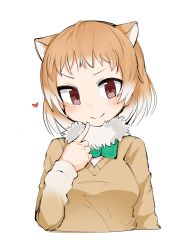 Rule 34 | 10s, 1girl, animal ears, bad id, bad twitter id, black-tailed prairie dog (kemono friends), blush, bow, bowtie, finger to mouth, fur collar, heart, highres, kemono friends, light brown hair, long sleeves, menturm1120, multicolored hair, red eyes, short hair, solo, sweater, upper body, white hair
