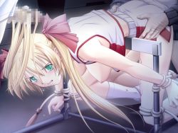 Rule 34 | 1girl, ail soft, akehime saki, angry, bdsm, blonde hair, blood, blush, bondage, bound, bound wrists, breasts, breasts out, censored, clenched teeth, defloration, game cg, green eyes, group sex, hairjob, hanging breasts, indoors, jump rope, kyouhaku 2, long hair, mosaic censoring, multiple penises, nipples, no bra, open clothes, penis, rape, ribahara aki, rope, sex, sex from behind, solo focus, teeth, twintails, wince