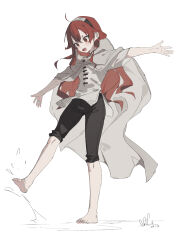 Rule 34 | 1girl, absurdres, arms at sides, barefoot, black pants, cape, crossed bangs, dated, eris greyrat, feet, full body, hairband, highres, long hair, looking down, mushoku tensei, open mouth, pants, pants rolled up, qtian, red eyes, red hair, shirt, signature, simple background, solo, splashing, standing, white background, white cape, white shirt