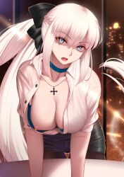 Rule 34 | 1girl, absurdres, black choker, black pantyhose, black skirt, blue eyes, blush, bra, braid, breasts, choker, fate/grand order, fate (series), french braid, genkung, green bra, hair ribbon, highres, jewelry, large breasts, leaning forward, long hair, looking at viewer, morgan le fay (chaldea satellite station) (fate), morgan le fay (fate), necklace, nipple slip, nipples, open mouth, pantyhose, pencil skirt, ponytail, ribbon, shirt, skirt, solo, underwear, very long hair, wardrobe malfunction, white hair, white shirt