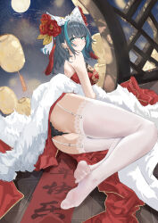 1girl :3 absurdres aerial_fireworks alternate_costume ass azur_lane bare_shoulders black_panties blue_eyes blue_hair breasts cheshire_(azur_lane) commentary_request earrings fireworks flower full_body full_moon gold_trim grey_hair highres jewelry lace lace-trimmed_thighhighs lace_panties lace_trim lantern large_breasts lying mianbei_gai_gai moon multicolored_hair on_side panties paper_lantern red_flower red_rose rose solo streaked_hair thighhighs two-tone_hair underwear white_thighhighs