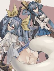 Rule 34 | 2girls, ass, belt, bent over, black thighhighs, blue hair, broom, capelet, cleaning, closed mouth, dizzy (guilty gear), dress, dual persona, frilled dress, frills, frown, guilty gear, hair between eyes, hair ribbon, hair rings, highres, leaning forward, long sleeves, looking at viewer, looking back, monster girl, multiple girls, napkin, oeillet vie, panties, pleated skirt, puffy sleeves, red eyes, ribbon, sidelocks, skirt, smile, tail, thighhighs, thighs, twintails, twitter username, underwear, wedgie, white panties, white thighhighs, yellow ribbon, zettai ryouiki