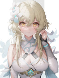 Rule 34 | 1girl, bare shoulders, black gloves, blonde hair, breasts, cleavage, closed mouth, detached sleeves, dress, expressionless, feather hair ornament, feathers, flower, genshin impact, gloves, hair between eyes, hair flower, hair ornament, hand up, highres, large breasts, lily (flower), looking at viewer, lumine (genshin impact), partially fingerless gloves, scarf, sencha (senchat), short hair with long locks, sidelocks, sleeveless, sleeveless dress, solo, twitter username, upper body, white background, white flower, white scarf, white sleeves, wrist guards, yellow eyes
