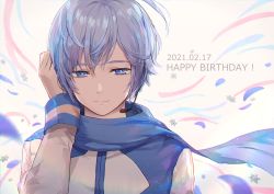 Rule 34 | 1boy, ashika (yftcc948), blue eyes, blue hair, blue petals, blue scarf, coat, commentary, dated, falling petals, half-closed eyes, hand in own hair, hand up, happy birthday, headset, highres, kaito (vocaloid), looking at viewer, male focus, petals, scarf, smile, snowflakes, solo, upper body, vocaloid, white coat