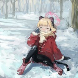Rule 34 | 1girl, absurdres, animal ear headphones, animal ears, bare tree, black mittens, black pantyhose, blonde hair, blue archive, boots, bow, cat tail, closed eyes, coat, commentary request, fake animal ears, hair bow, halo, headphones, highres, k6tetsu, long sleeves, mittens, momoi (blue archive), open mouth, outdoors, pantyhose, pink footwear, pink halo, red bow, red coat, short hair, smile, snow, solo, tail, teeth, tree, upper teeth only