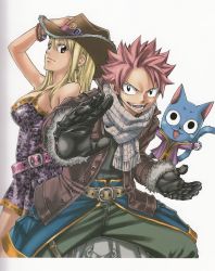 Rule 34 | 1boy, 1girl, blonde hair, cowboy hat, earrings, fairy tail, gloves, happy (fairy tail), hat, highres, jewelry, lucy heartfilia, mashima hiro, natsu dragneel, scarf, smile