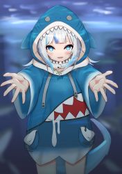 Rule 34 | 1girl, absurdres, animal hood, blue eyes, blue hair, blue hoodie, blunt bangs, blush, commentary, cowboy shot, fins, fish tail, gawr gura, gawr gura (1st costume), highres, hololive, hololive english, hood, hood up, hoodie, long sleeves, looking at viewer, multicolored hair, open mouth, outstretched arms, ringopan, shark hood, shark tail, sharp teeth, short hair, smile, solo, streaked hair, tail, teeth, virtual youtuber, white hair