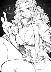 Rule 34 | !, 1girl, absurdres, bikini, bikini top only, breasts, cleavage, collar, gloves, headband, highres, jacket, jewelry, large breasts, long hair, looking at viewer, monochrome, necklace, nico robin, one piece, open clothes, open jacket, sitting, static, swimsuit, yellow eyes, yotsumi shiro