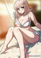 Rule 34 | 1girl, bare arms, bare legs, bare shoulders, barefoot, bikini, bikini pull, blurry, blurry background, blush, breasts, cleavage, clothes pull, collarbone, commentary, danganronpa (series), danganronpa 2: goodbye despair, dutch angle, english commentary, flipped hair, frilled bikini, frills, hair ornament, hairclip, heart, heart-shaped pupils, highres, kinkymation, knees up, large breasts, light brown hair, looking at viewer, medium hair, mole, mole on breast, nanami chiaki, nipples, official alternate costume, on bed, pink eyes, pulling own clothes, short hair, sitting, solo, swimsuit, symbol-shaped pupils, teeth, white bikini