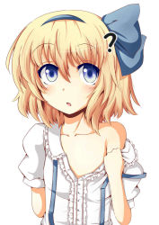 Rule 34 | 1girl, ?, alice margatroid, alice margatroid (pc-98), bare shoulders, blonde hair, blue eyes, bow, chata maru (irori sabou), child, female focus, flat chest, hair bow, hairband, jpeg artifacts, mystic square, off shoulder, short hair, solo, touhou, touhou (pc-98), undressing