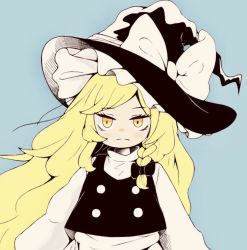 Rule 34 | 1girl, black hat, black vest, blonde hair, blue background, bow, braid, closed mouth, hanokami, hat, hat bow, kirisame marisa, long hair, long sleeves, looking at viewer, side braid, simple background, single braid, solo, touhou, upper body, vest, white bow, witch hat, yellow eyes