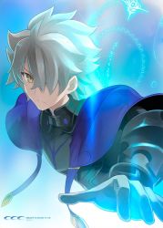 Rule 34 | 1boy, armor, black armor, cape, closed mouth, commentary request, fate/grand order, fate (series), galahad (fate), gloves, grey hair, hair between eyes, hair over one eye, knight, looking at viewer, male focus, one eye covered, shirotsumekusa, solo, spiked hair, yellow eyes