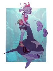 Rule 34 | 10s, 1girl, bike shorts, creatures (company), diving, diving mask, fanny pack, full body, game freak, gen 3 pokemon, goggles, gojya, hair ribbon, luvdisc, may (pokemon), may (pokemon oras), nintendo, outside border, pokemon, pokemon (creature), pokemon move, pokemon oras, ribbon, riding, riding pokemon, sharpedo, shirt, shoes, short shorts, shorts, sleeveless, sleeveless shirt, sneakers, transparent background, two side up, underwater