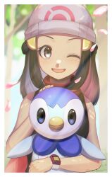 Rule 34 | 1girl, ;d, absurdres, amazuya azuma, beanie, blue eyes, blue hair, cherry blossoms, commentary, creatures (company), dawn (pokemon), game freak, gen 4 pokemon, hair ornament, hat, highres, long hair, looking at viewer, nintendo, one eye closed, open mouth, piplup, pokemon, pokemon (creature), pokemon dppt, poketch, red scarf, scarf, shirt, sleeveless, sleeveless shirt, smile, watch, wristwatch