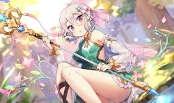 Rule 34 | 1girl, antenna hair, bare shoulders, blush, breasts, bridal gauntlets, detached sleeves, dress, flower, hair between eyes, hair flower, hair ornament, highres, holding, holding weapon, jehyun, kokkoro (princess connect!), long sleeves, looking at viewer, open mouth, panties, pantyshot, pink flower, pointy ears, princess connect!, red eyes, short hair, silver hair, small breasts, solo, underwear, weapon, white flower, white panties