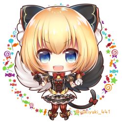 Rule 34 | 1girl, :d, asymmetrical gloves, asymmetrical wings, black bow, black footwear, black gloves, black shirt, black skirt, black wings, blonde hair, blue eyes, blush, bow, candy, chibi, commentary request, fang, feathered wings, food, full body, gloves, hair between eyes, hair bow, lollipop, marl (shironeko project), mismatched gloves, mismatched wings, open mouth, puffy short sleeves, puffy sleeves, red bow, red thighhighs, shironeko project, shirt, shoes, short sleeves, skirt, smile, solo, standing, striped clothes, striped thighhighs, swirl lollipop, thighhighs, twitter username, v-shaped eyebrows, vertical-striped clothes, vertical-striped thighhighs, white background, white gloves, white wings, wings, yukiyuki 441