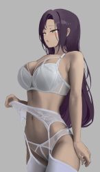 Rule 34 | 1girl, :o, absurdres, blush, bra, breasts, character request, commentary, commentary request, copyright request, from side, garter belt, garter straps, green eyes, grey background, highres, large breasts, long hair, navel, panties, parted lips, purple hair, simple background, sogogy, thighhighs, thighs, underwear, white bra, white panties, white thighhighs