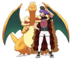 Rule 34 | 1boy, argyle, arm up, baseball cap, cape, champion uniform, charizard, claws, closed eyes, closed mouth, clothed pokemon, creatures (company), crown, dark-skinned male, dark skin, dynamax band, facial hair, fangs, fangs out, fur-trimmed cape, fur trim, game freak, gen 1 pokemon, gloves, grin, hand on own hip, hat, highres, leggings, leon (pokemon), long hair, male focus, morio (poke orio), nintendo, partially fingerless gloves, pokemon, pokemon (creature), pokemon swsh, purple hair, red cape, shield print, shirt, shoes, short shorts, short sleeves, shorts, simple background, single glove, smile, standing, sword print, teeth, white background, white legwear, white shorts, wristband