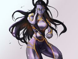 Rule 34 | 1girl, 6maker, bodypaint, breasts, female seth (street fighter), fighting stance, hair pulled back, halo, highres, long hair, looking at viewer, medium breasts, metal skin, muscular, muscular female, neon trim, orb, painted clothes, ringed eyes, serious, short eyebrows, solo, street fighter, street fighter v, thick thighs, thighs, very long hair, white background, wind, yellow eyes, yin yang, yin yang orb