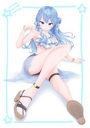 Rule 34 | 1girl, absurdres, ankle strap, arm support, bikini, bikini skirt, blue eyes, blue hair, blue nails, blush, bracelet, breasts, collarbone, commentary request, foreshortening, frilled bikini, frills, full body, hair bun, hair ribbon, hand up, highres, hololive, hoshimachi suisei, jewelry, knee up, leaning back, legs, long hair, looking at viewer, nail polish, ribbon, sandals, see-through, see-through skirt, shiny skin, single side bun, skirt, smirk, solo, strappy heels, swimsuit, thigh strap, thighs, toenail polish, toenails, toes, typetm0803, v-shaped eyebrows, virtual youtuber, white background