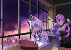 Rule 34 | 2girls, :3, absurdres, ahoge, anchor symbol, animal ear fluff, animal ears, aoman de cangshu, bare shoulders, black ribbon, blue eyes, blue hair, blunt bangs, blush, braid, breasts, chair, city, computer, cup, detached sleeves, dress, drink, fox ears, fox girl, green eyes, hair between eyes, hair ribbon, hand on own cheek, hand on own face, hand up, hands up, highres, holding, holding plate, hololive, laptop, long hair, looking at viewer, maid, maid headdress, minato aqua, minato aqua (1st costume), multicolored hair, multiple girls, open mouth, pink hair, plate, purple dress, purple eyes, ribbon, shirakami fubuki, shirakami fubuki (1st costume), small breasts, table, twintails, virtual youtuber, wavy mouth, white hair, window, wrist cuffs