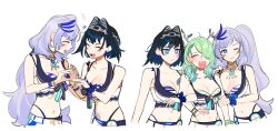 Rule 34 | 3girls, antlers, bikini under shorts, black hair, blush, breasts, ceres fauna, cleavage, closed eyes, collarbone, eus ing, fangs, green hair, hololive, hololive english, hololive indonesia, hololive summer 2023 swimsuit, horns, large breasts, long hair, medium hair, mole, mole under eye, multiple girls, navel, one eye closed, ouro kronii, pavolia reine, purple hair, star-shaped pupils, star (symbol), swimsuit, symbol-shaped pupils, very long hair, virtual youtuber