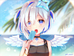 Rule 34 | 1girl, amane kanata, angel wings, blue eyes, blue hair, blurry, blurry background, blush, bokeh, bracelet, choker, depth of field, eating, feathered wings, food, halo, holding, holding food, hololive, jewelry, light particles, looking at viewer, multicolored hair, n gyou, ocean, outdoors, palm tree, pendant choker, popsicle, short hair, sky, solo, streaked hair, tank top, tree, two side up, virtual youtuber, white hair, wings