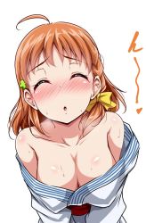 Rule 34 | 10s, 1girl, blush, breasts, cleavage, downblouse, closed eyes, love live!, love live! sunshine!!, no bra, off shoulder, open mouth, orange hair, solo, sweat, takami chika, yopparai oni