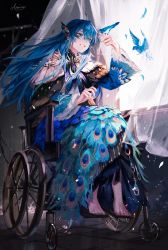 Rule 34 | 1girl, animal ears, barefoot, bird, bird ears, bird on hand, blue dress, blue eyes, blue hair, blue nails, blush, commentary request, curtains, dress, feather dress, highres, light particles, long hair, looking at animal, nail polish, open mouth, open window, original, ozadomi, peacock feathers, shadow, sitting, smile, teeth, wheelchair, wind, window