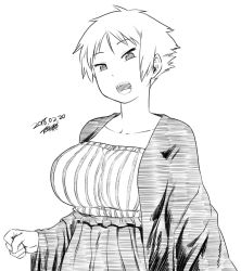 Rule 34 | 1girl, :d, breasts, dated, dress, greyscale, jacket, large breasts, long sleeves, looking at viewer, monochrome, open mouth, original, short hair, signature, simple background, smile, solo, tsukudani (coke-buta), tsurime, tsurime-chan, upper body, white background, wide sleeves