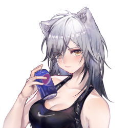 Rule 34 | 1girl, alternate hairstyle, animal ear fluff, animal ears, arknights, bare arms, bare shoulders, blush, breasts, can, cat ears, cleavage, commentary, drink can, hair down, hand up, highres, holding, holding can, kiji (yuanruiy), large breasts, long hair, looking at viewer, nike (company), pepsi, schwarz (arknights), silver hair, simple background, soda can, solo, upper body, white background, yellow eyes