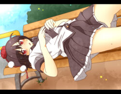 Rule 34 | 1girl, black hair, black skirt, bush, day, frilled skirt, frills, hat, highres, lying, midriff peek, on back, on bench, outdoors, parted lips, pom pom (clothes), puffy short sleeves, puffy sleeves, red eyes, red hat, shameimaru aya, shirt, short hair, short sleeves, skirt, solo, tengu, thighs, tokin hat, totoharu (kujirai minato), touhou, white shirt