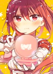 Rule 34 | 1girl, blush, bow, boyano, bright pupils, character request, choker, closed mouth, commentary request, hair between eyes, hair ornament, heart, holding, looking at viewer, orange background, original, outstretched arms, pink choker, ponytail, pout, red eyes, red hair, shadow, solo, star (symbol), starry background, tearing up, upper body, v-shaped eyebrows, white background, yellow background