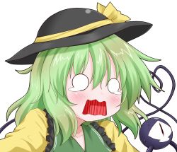 Rule 34 | 1girl, arc system works, black hat, blush, embarrassed, eyeball, green hair, guilty gear, guilty gear xrd, hat, hat ribbon, kanchou, komeiji koishi, may (guilty gear), oden (th-inaba), open mouth, parody, portrait, ribbon, shirt, simple background, solo, string, style parody, sweatdrop, tears, third eye, touhou, upper body, white background