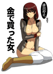 Rule 34 | 1girl, blush, boots, breasts squeezed together, breasts, brown eyes, brown hair, cleavage, dog tags, gundam, gundam lost war chronicles, huge breasts, kitahara aki, large breasts, leggings, military, military uniform, navel, no bra, no panties, noel anderson, open clothes, open shirt, pantyhose, shirt, solo, uniform, white pantyhose