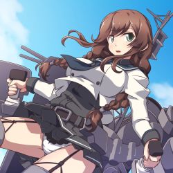Rule 34 | 1girl, 547th sy, black shirt, black skirt, black thighhighs, blue necktie, blue sky, braid, breasts, brown hair, cannon, cloud, cloudy sky, green eyes, hair between eyes, highres, jacket, kantai collection, large breasts, long sleeves, looking at viewer, machinery, necktie, noshiro (kancolle), panties, rigging, sailor collar, shirt, skirt, sky, smokestack, solo, thighhighs, torpedo, turret, twin braids, underwear, white panties