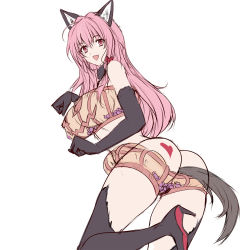 Rule 34 | 1girl, :d, anal tail, animal ears, ass, ass tattoo, bad id, bad pixiv id, boots, breasts, butt crack, butt plug, candy, choker, elbow gloves, fake tail, fang, female focus, food, fur, gloves, heart, highres, large breasts, open mouth, pink eyes, pink hair, q azieru, see-through, sex toy, shoes, simple background, smile, solo, standing, tail, tattoo, thigh boots, thighhighs, white background