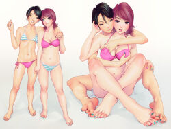Rule 34 | 2girls, barefoot, bikini, black hair, blush, breasts, closed mouth, crossed ankles, earrings, feet, foot focus, full body, fumichika mori, grabbing, grabbing another&#039;s breast, grabbing from behind, holding hands, hug, interlocked fingers, jewelry, knees up, lips, medium breasts, multicolored nails, multiple girls, nail polish, navel, original, paid reward available, pink bikini, short hair, side-tie bikini bottom, simple background, sitting, small breasts, smile, standing, striped bikini, striped clothes, swimsuit, take your pick, thighs, toenail polish, toenails, toes, white background, yuri