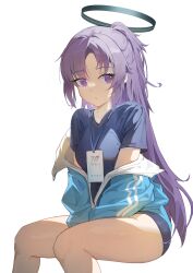 Rule 34 | 1girl, absurdres, black buruma, black shirt, blue archive, blue jacket, buruma, closed mouth, feet out of frame, halo, highres, id card, jacket, lanyard, long hair, mechanical halo, official alternate costume, partially unzipped, ponytail, purple eyes, purple hair, riok hh, shirt, simple background, solo, track jacket, white background, yuuka (blue archive), yuuka (track) (blue archive)