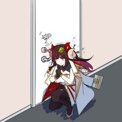 Rule 34 | 1girl, :o, akaoni (zumt3548), azur lane, black gloves, black pantyhose, blunt bangs, blush, breasts, brown hair, cleavage, coat, coat on shoulders, colored inner hair, commentary request, curled horns, door, door handle, doorknob, dress, flower, full body, gloves, hair flower, hair ornament, horns, indoors, key, large breasts, leaf, leaf on head, long hair, looking to the side, motion lines, multicolored hair, on one knee, pantyhose, parted lips, purple eyes, red flower, red hair, shadow, sidelocks, sleeveless, sleeveless dress, solo, sound effects, suruga (azur lane), wall, white coat, white dress, white footwear