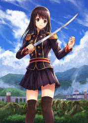 Rule 34 | 1girl, aqueduct, bad id, bad pixiv id, black hair, black thighhighs, brown eyes, cityscape, cowboy shot, day, epaulettes, from below, highres, holding, holding weapon, long hair, long sleeves, looking at viewer, lunacle, military, military uniform, mountain, original, outdoors, pleated skirt, skirt, solo, sword, thighhighs, uniform, weapon, zettai ryouiki