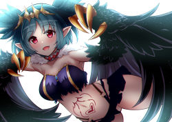 Rule 34 | 1girl, black feathers, black skirt, black wings, blush, breasts, choker, claws, commentary request, commission, fang, feathers, green hair, harpy, heart, highres, hurutanuki, indie virtual youtuber, lincoro, medium breasts, midriff, miniskirt, monster girl, navel, open mouth, pointy ears, red eyes, short hair, short twintails, simple background, skeb commission, skin fang, skirt, solo, stomach tattoo, tattoo, tiara, twintails, virtual youtuber, white background, winged arms, wings