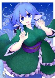 Rule 34 | 1girl, azumaya toushirou, bad id, bad pixiv id, blue eyes, blue hair, breasts, commentary request, drill hair, fins, fish tail, green kimono, head fins, highres, japanese clothes, kimono, large breasts, long sleeves, mermaid, monster girl, tail, touhou, wakasagihime