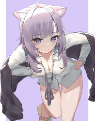 Rule 34 | 1girl, ahoge, animal ear fluff, animal ears, bare legs, bent over, black jacket, blue hair, blunt bangs, blush, breasts, cat ears, cleavage, closed mouth, collarbone, downblouse, hands on own hips, hanging breasts, highres, hololive, ika (adam19951012), jacket, leg up, long hair, long sleeves, looking at viewer, medium breasts, multicolored hair, nekomata okayu, nekomata okayu (oversized shirt), no bra, no pants, official alternate costume, open clothes, open jacket, panties, purple background, purple eyes, purple hair, simple background, slippers, smile, solo, standing, standing on one leg, thigh gap, two-tone hair, underwear, virtual youtuber, white panties, yellow footwear